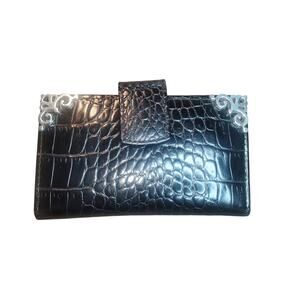 Brighton Black Croc-Embossed Wallet with Silver Corner Flourishes